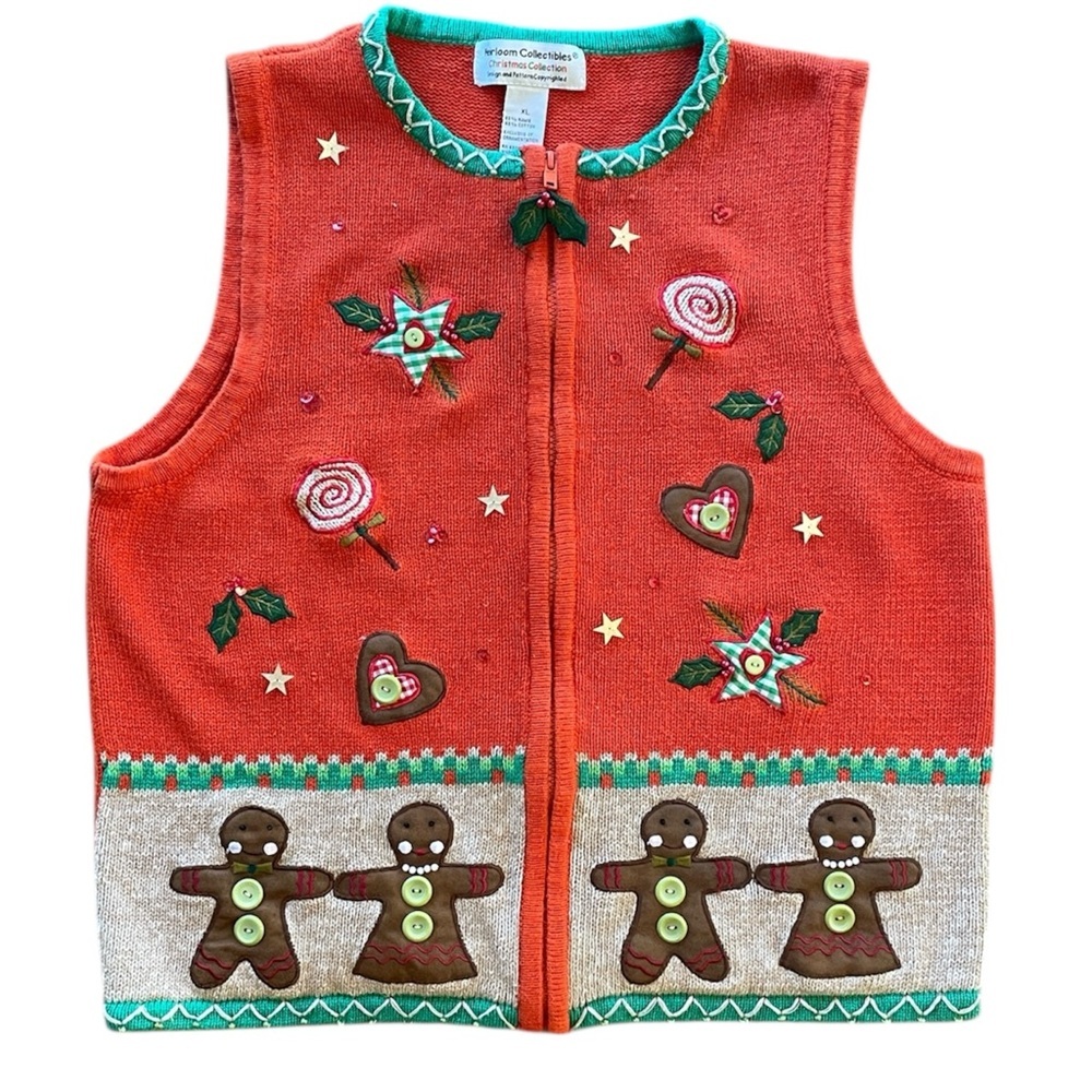 Heirloom Collectibles Christmas Red Vest with Gingerbread Candy Sweater Applique